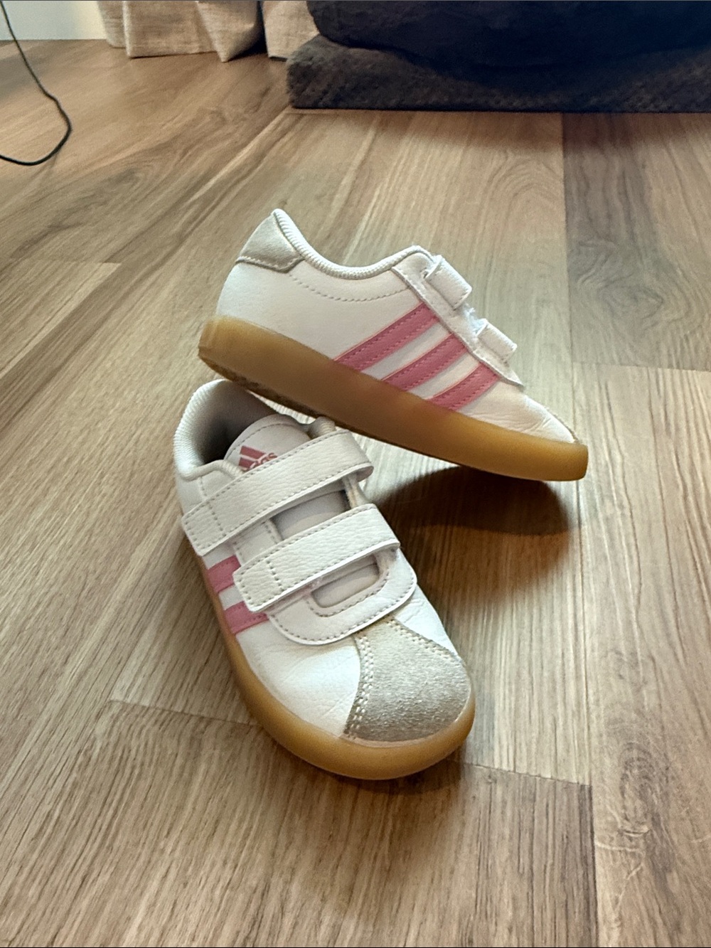 adidas Kids White and Pink Velcro Sneakers with Gum Sole